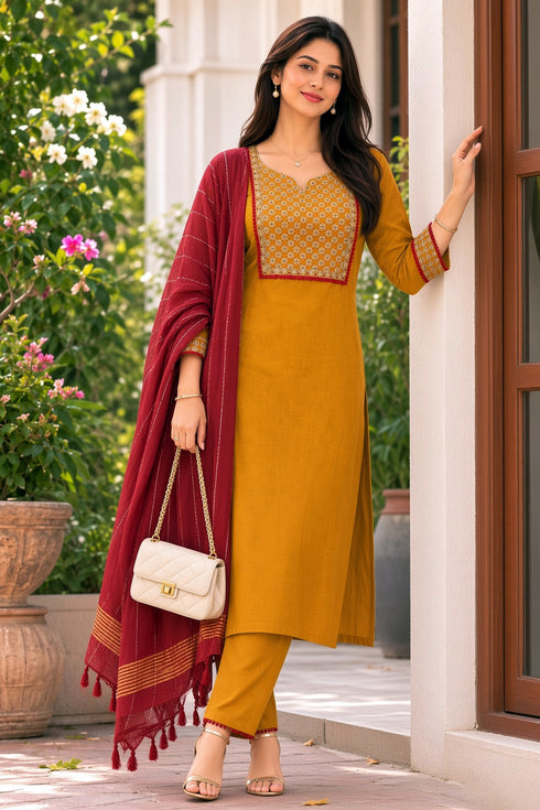 Mustard Yellow Cotton Blend Solid Kurta & Pant With Dupatta