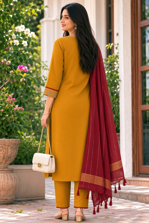 Mustard Yellow Cotton Blend Solid Kurta & Pant With Dupatta