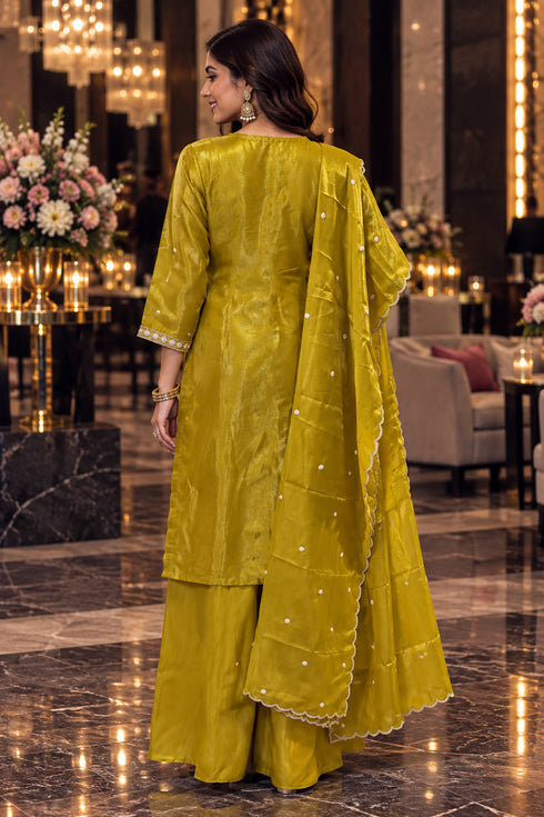 Yellow Silk Blend with Inner Embroidered Beads Work Straight Kurta & Pant With Dupatta