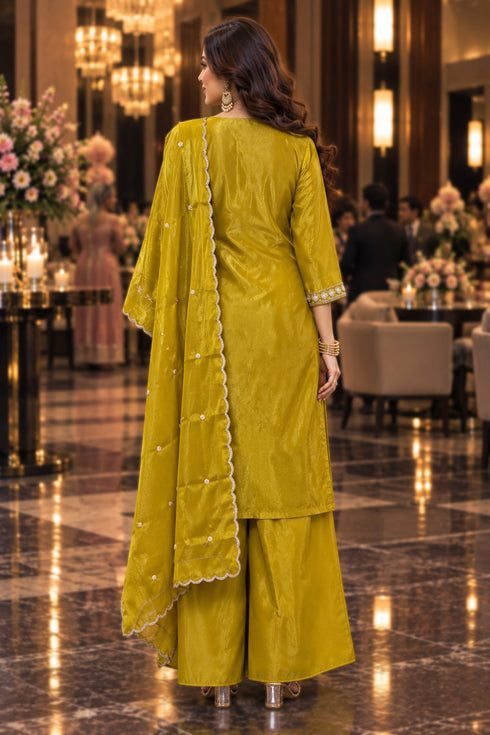 Yellow Silk Blend with Inner Embroidered Beads Work Straight Kurta & Pant With Dupatta