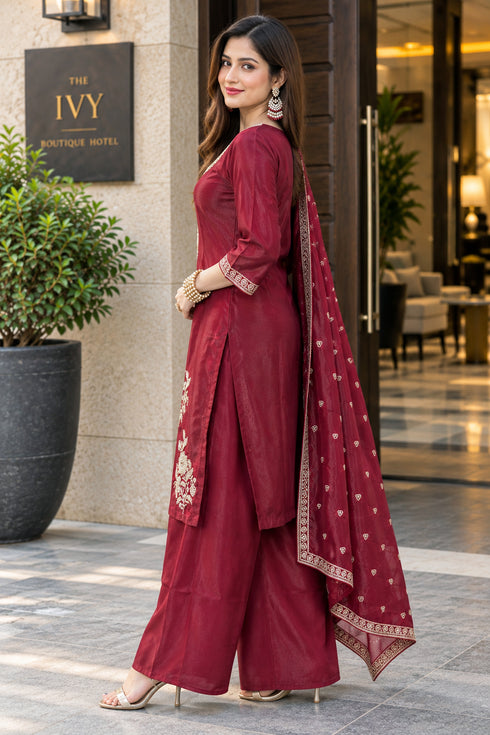 Maroon Silk Blend with Inner Embroidered Beads Work Straight Kurta & Pant With Dupatta