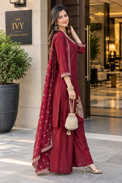 Maroon Silk Blend with Inner Embroidered Beads Work Straight Kurta & Pant With Dupatta