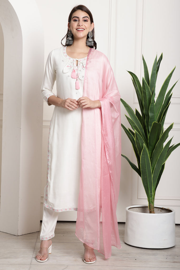 White Rayon Embroidered Straight Kurta & Pant With Dupatta