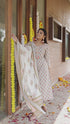Grey & Peach Pure Cotton Jaipuri Printed  Kurta Set With Dupatta