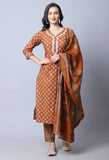 Orange Muslin Jaipuri Embroidered Kurta Set With Dupatta