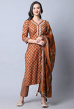 Orange Muslin Jaipuri Embroidered Kurta Set With Dupatta