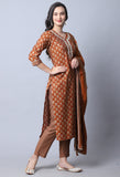 Orange Muslin Jaipuri Embroidered Kurta Set With Dupatta