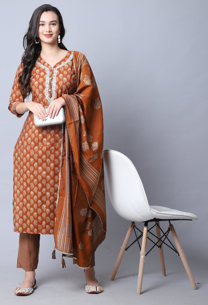 Orange Muslin Jaipuri Embroidered Kurta Set With Dupatta