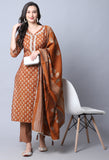 Orange Muslin Jaipuri Embroidered Kurta Set With Dupatta