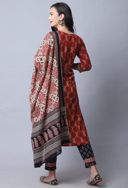 Brown & Black  Pure Cambric Cotton Jaipuri Printed Kurta Set With Dupatta