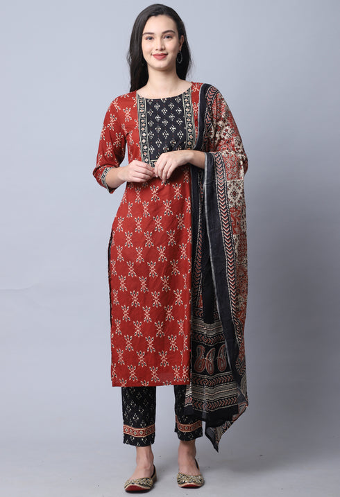 Brown & Black  Pure Cambric Cotton Jaipuri Printed Kurta Set With Dupatta