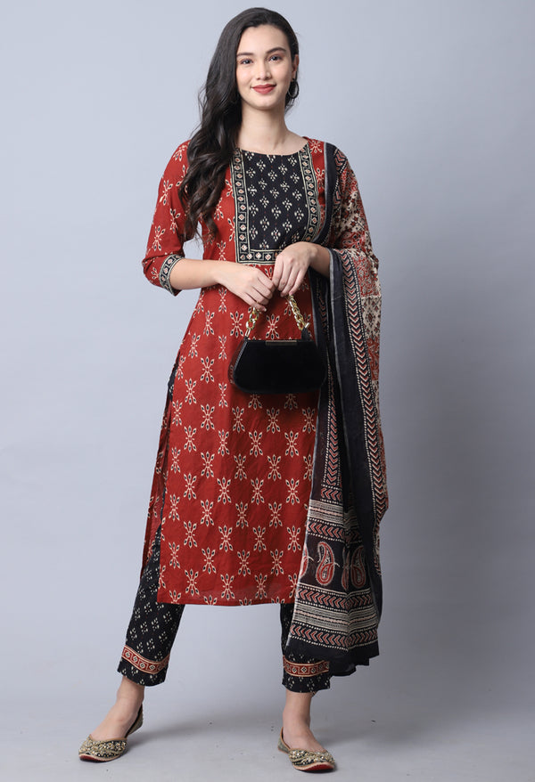 Brown & Black  Pure Cambric Cotton Jaipuri Printed Kurta Set With Dupatta