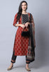Brown & Black  Pure Cambric Cotton Jaipuri Printed Kurta Set With Dupatta