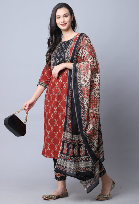 Brown & Black  Pure Cambric Cotton Jaipuri Printed Kurta Set With Dupatta