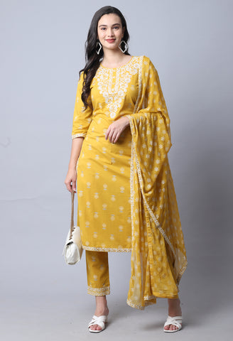 Yellow Pure Cambric Cotton Embroidered Kurta Set With Dupatta