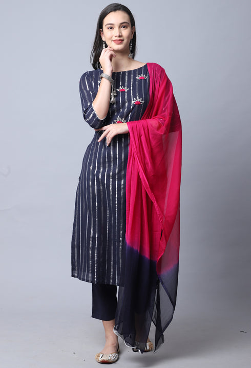 Navy Blue Pure Cambric Cotton Embellished Kurta Set With Dupatta