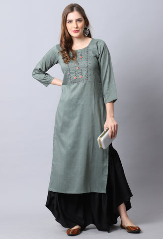 Bottle Green Rayon Viscose Embroidered Kurti