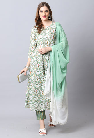 Green & White Pure Cambric Cotton Embroidered Kurta Set With Dupatta