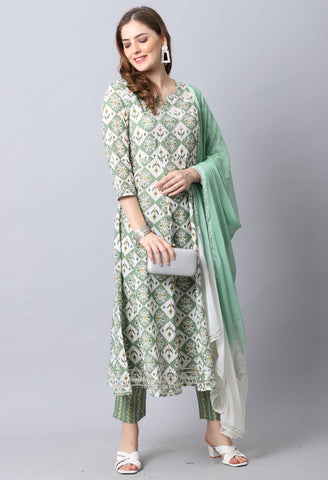 Green & White Pure Cambric Cotton Embroidered Kurta Set With Dupatta