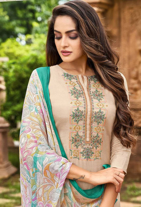 Beige Chanderi Silk Embroidered Salwar Suit Material - Rajnandini