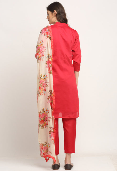 Red Chanderi Floral Embroidered Kurta Set With Dupatta