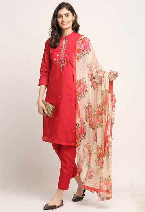 Red Chanderi Floral Embroidered Kurta Set With Dupatta