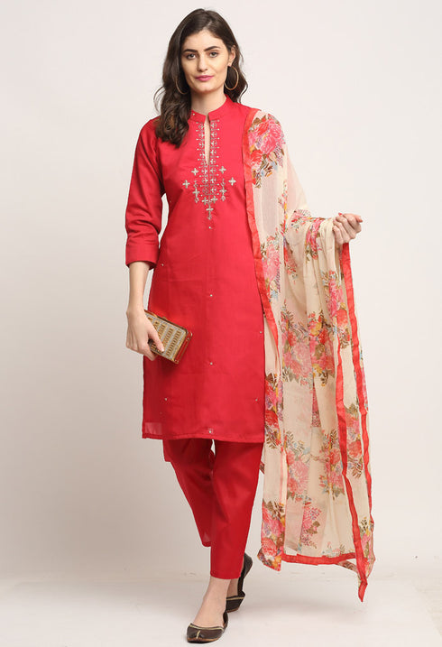 Red Chanderi Floral Embroidered Kurta Set With Dupatta