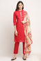 Red Chanderi Floral Embroidered Kurta Set With Dupatta