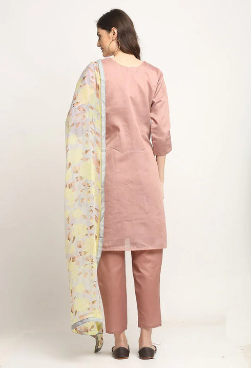 Mauve Pink Chanderi Floral Embroidered Kurta Set With Dupatta