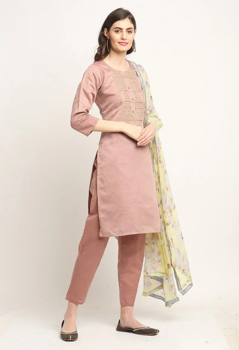 Mauve Pink Chanderi Floral Embroidered Kurta Set With Dupatta