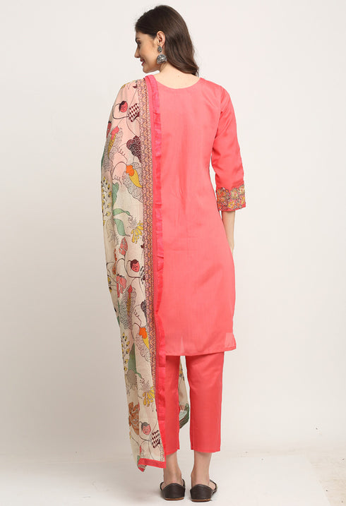 Pink Chanderi Floral Embroidered Kurta Set With Dupatta
