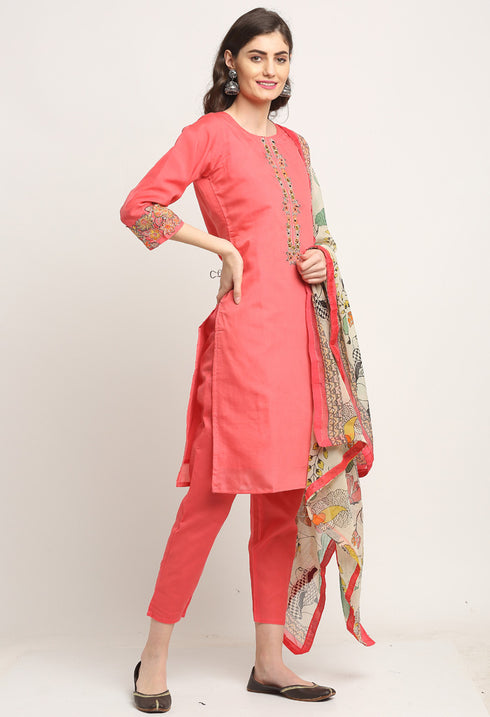 Pink Chanderi Floral Embroidered Kurta Set With Dupatta