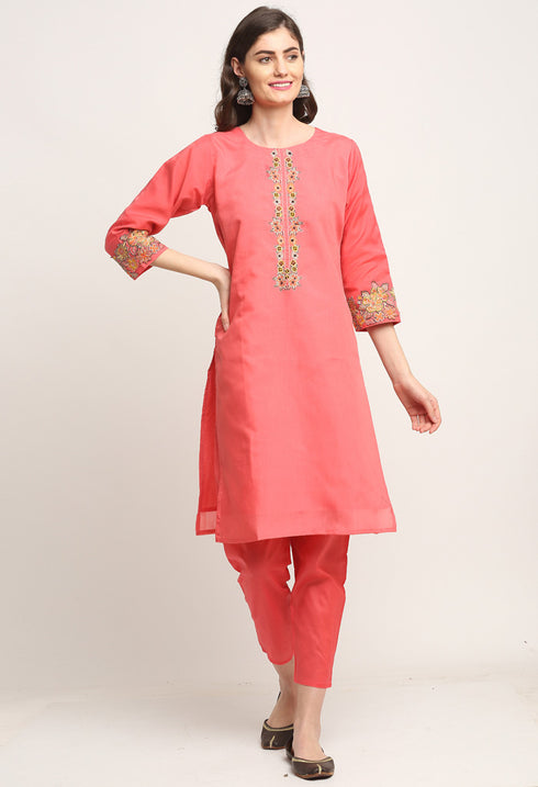 Pink Chanderi Floral Embroidered Kurta Set With Dupatta