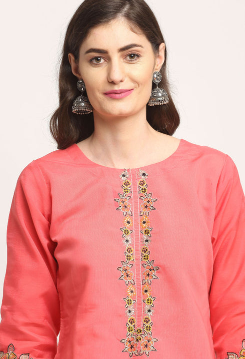 Pink Chanderi Floral Embroidered Kurta Set With Dupatta