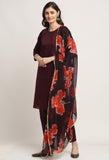 Wine Chanderi Floral Embroidered Kurta Set With Dupatta