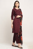Wine Chanderi Floral Embroidered Kurta Set With Dupatta
