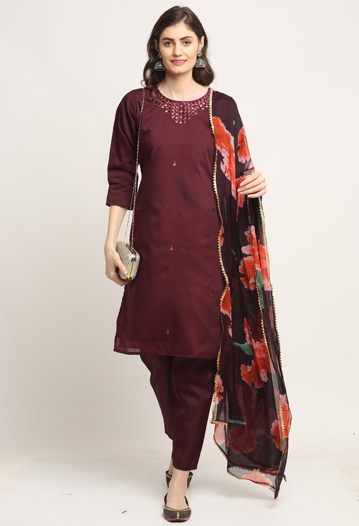 Wine Chanderi Floral Embroidered Kurta Set With Dupatta