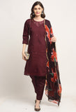 Wine Chanderi Floral Embroidered Kurta Set With Dupatta