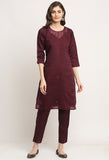 Wine Chanderi Floral Embroidered Kurta Set With Dupatta