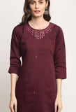 Wine Chanderi Floral Embroidered Kurta Set With Dupatta