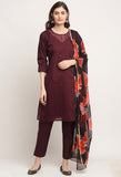 Wine Chanderi Floral Embroidered Kurta Set With Dupatta