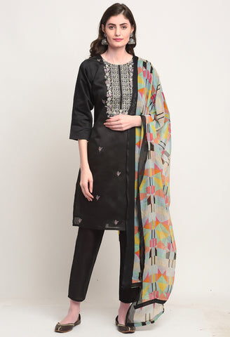 Black Chanderi Floral Embroidered Kurta Set With Dupatta