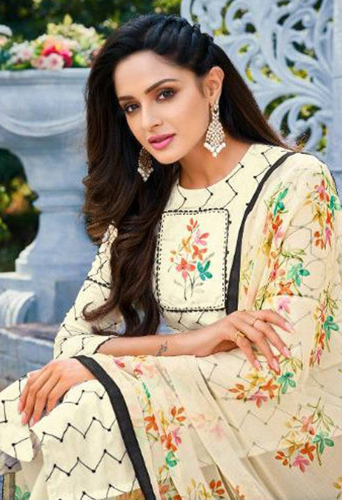Beige Chanderi Silk Embroidered Salwar Suit Material - Rajnandini