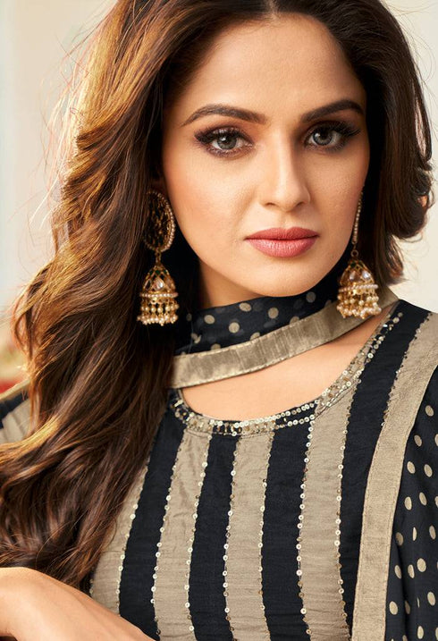 Black & Beige Chanderi Silk Sequience Salwar Suit Material