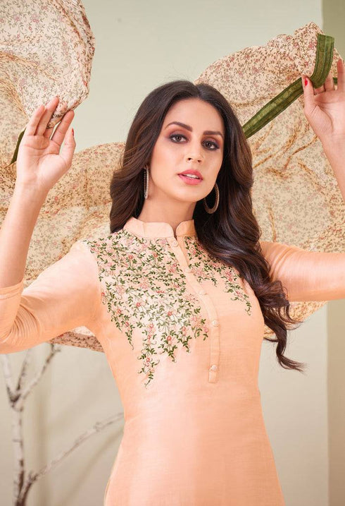 Beige Chanderi Silk Embroidered Salwar Suit Material - Rajnandini