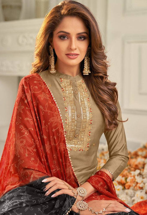 Beige Chanderi Silk Embroidered Salwar Suit Material - Rajnandini