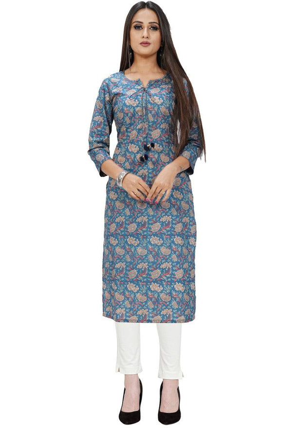 Blue Pure Cotton Jaipuri Printed Kurti