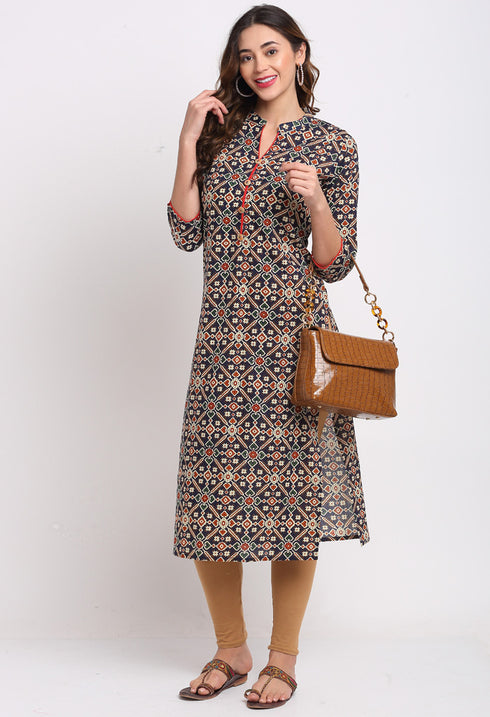 Navy Blue And Red Pure Cambric Cotton Jaipuri Printed Kurti