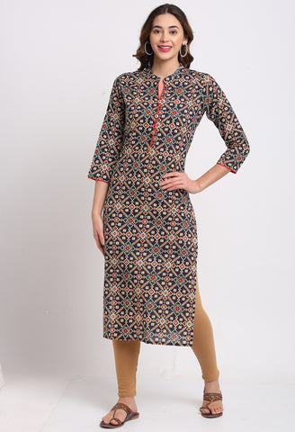 Navy Blue & Red Pure Cambric Cotton Jaipuri Printed Kurti