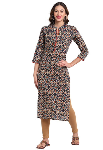 Navy Blue & Red Pure Cambric Cotton Jaipuri Printed Kurti